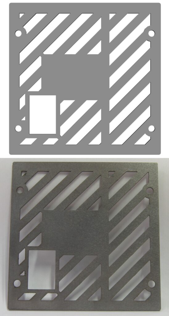 CAD drawing above a laser-cut stainless steel part 0.5 millimetres thick