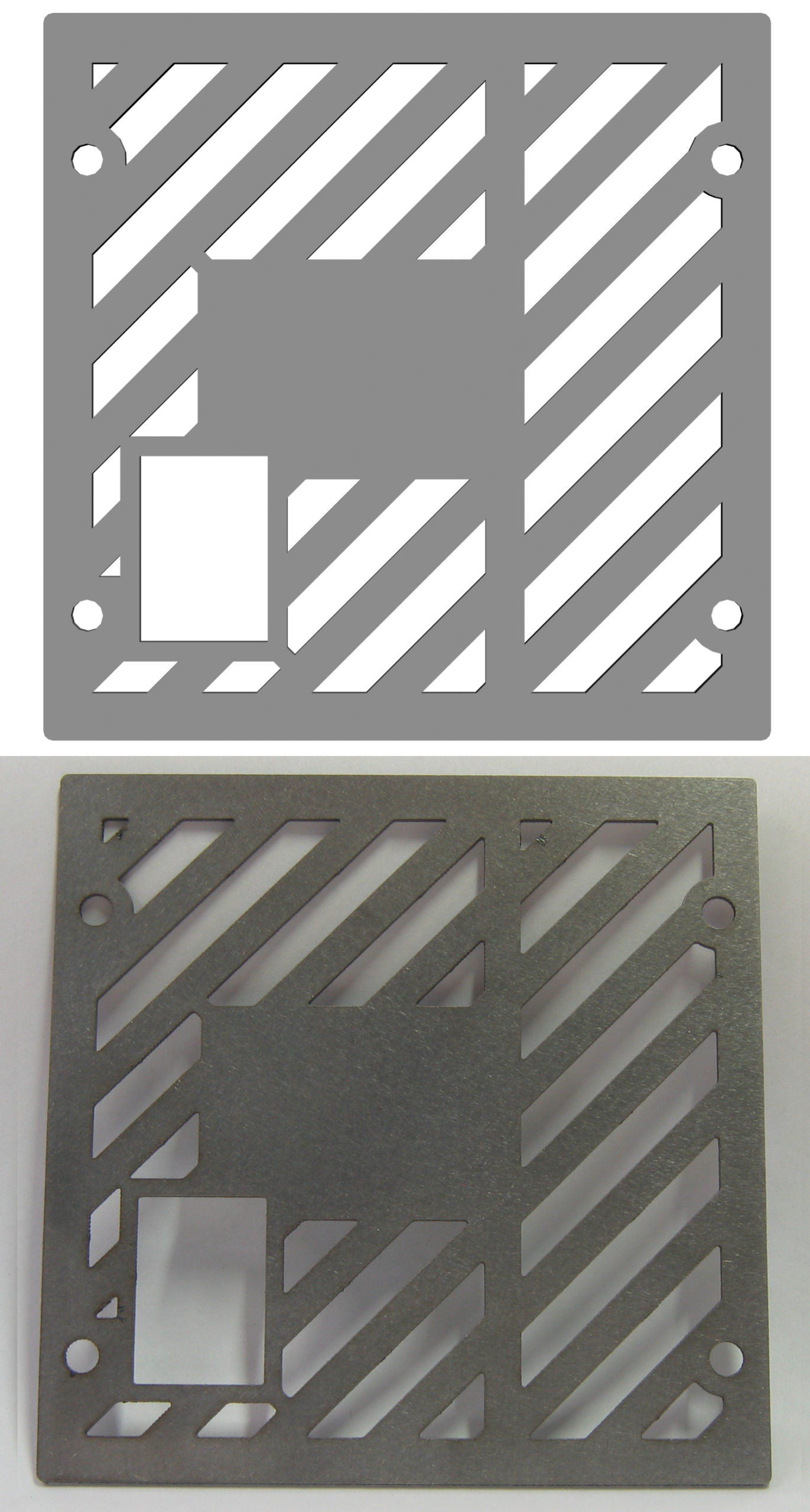 CAD outline of a stainless-steel part above the laser-cut piece from 0.5 mm sheet, showing the finished part after the beam has removed a slot