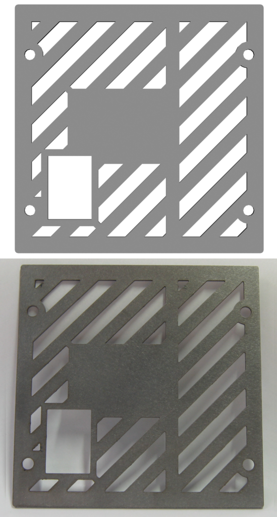 CAD model above a laser-cut part from 0.5 mm stainless steel sheet.