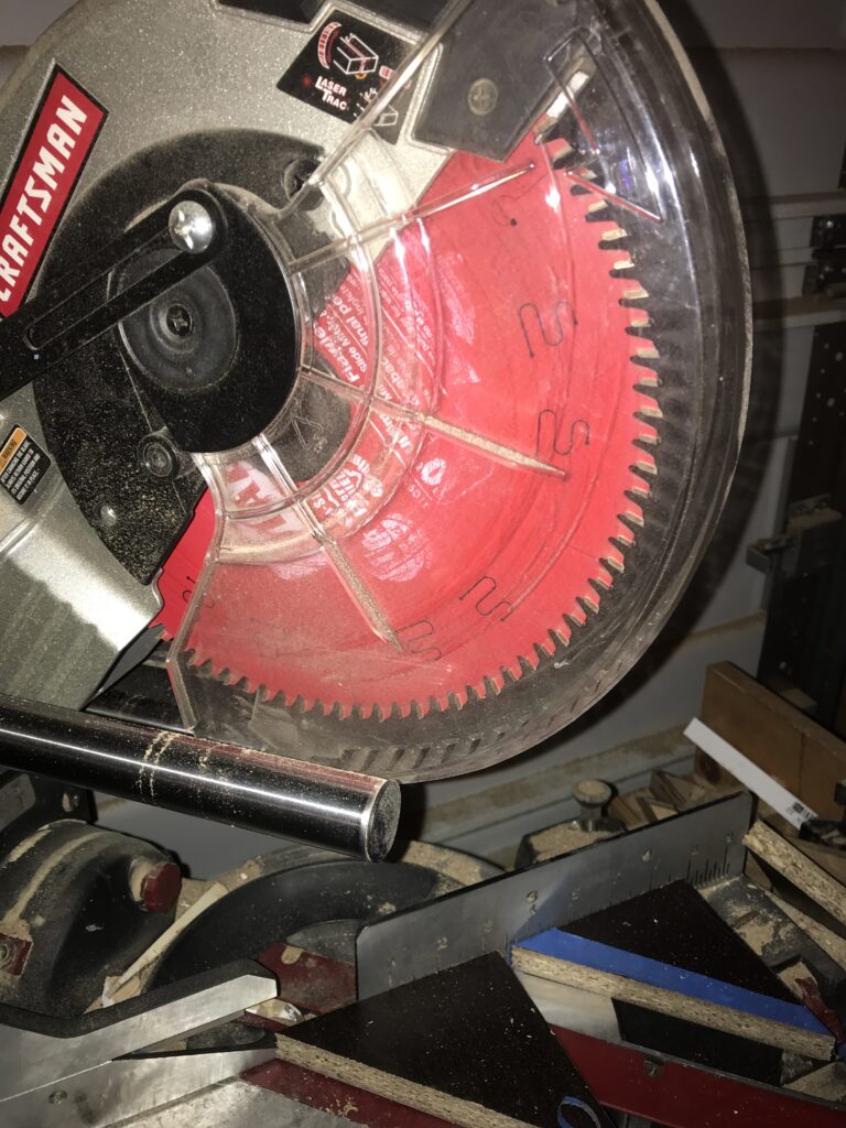 Circular saw blade mounted on a miter saw