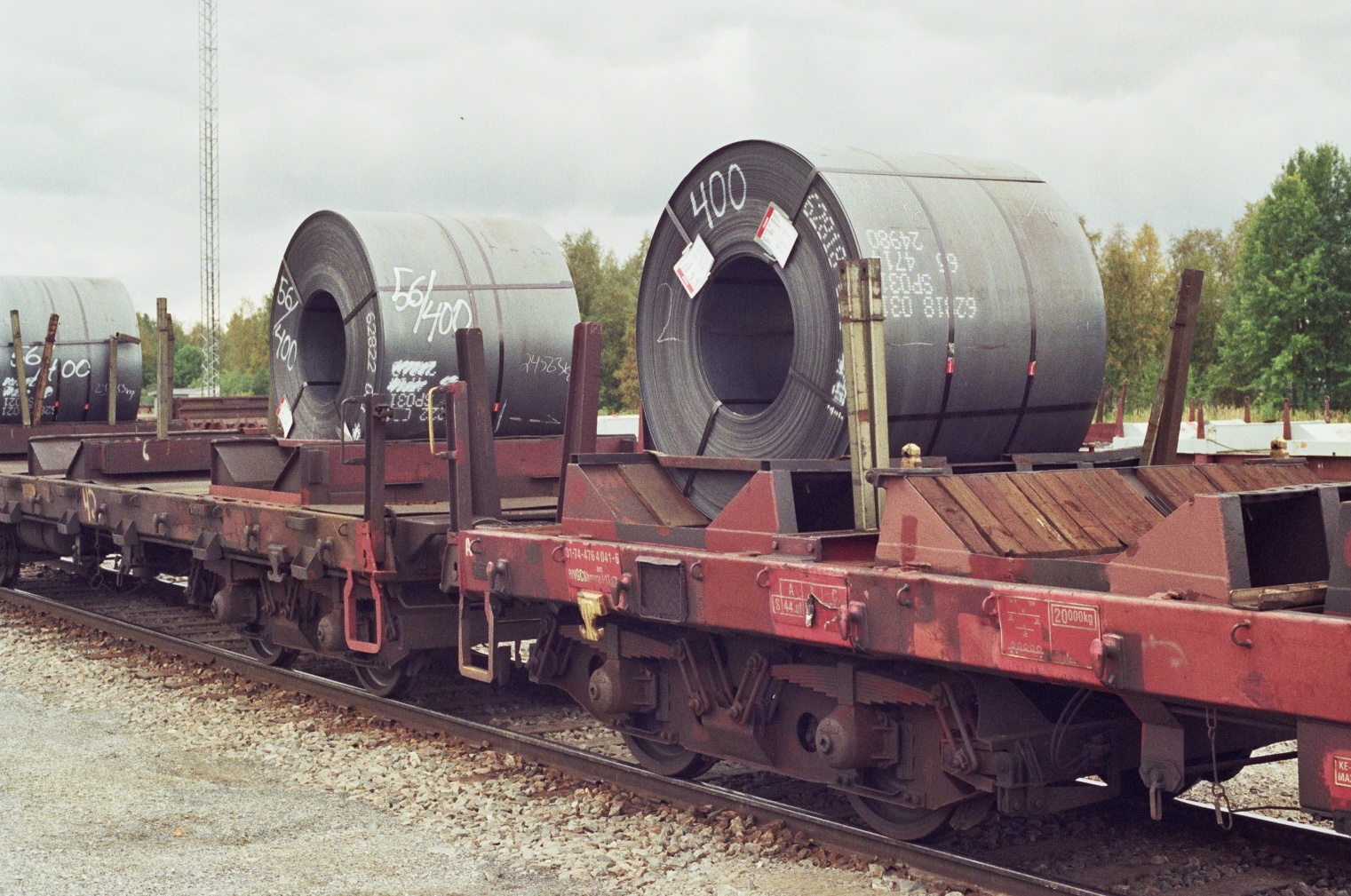 Steel coils stacked on rail wagons at Tornio freight yard