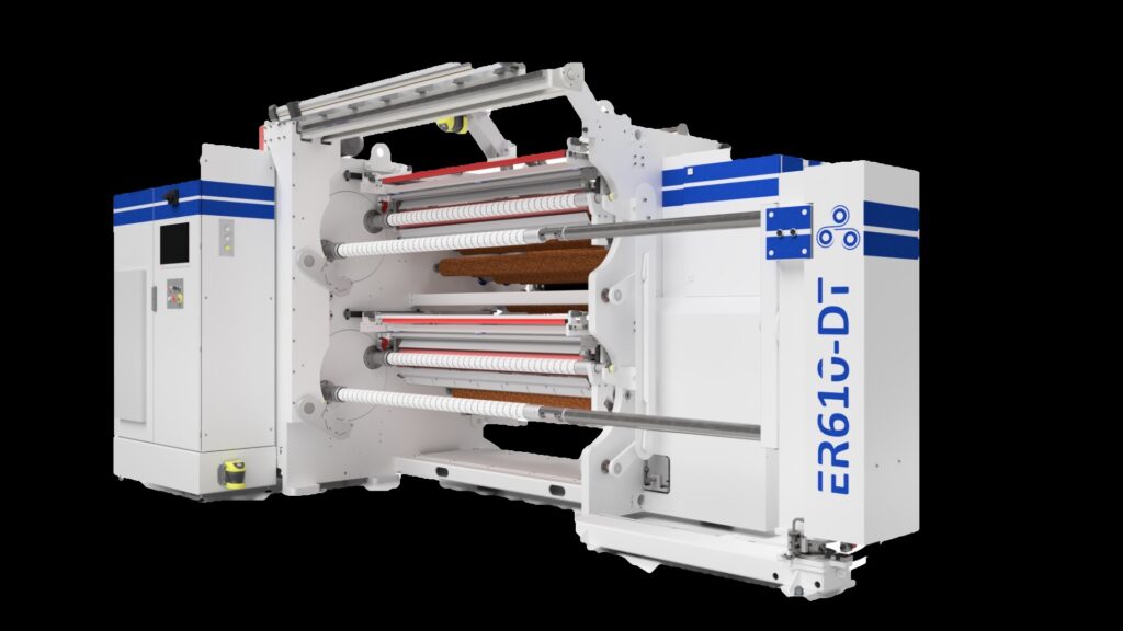 Slitter-rewinder unwinding a parent roll and rewinding narrower finished rolls