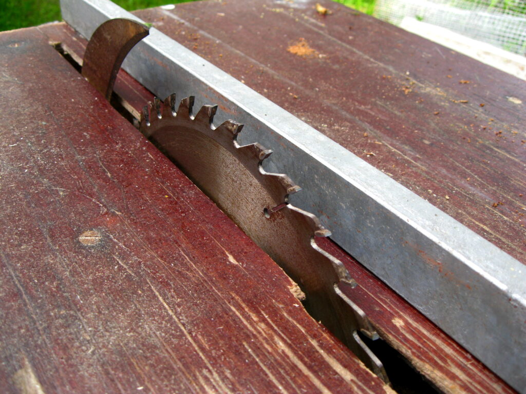 Carbide-tipped circular saw blade mounted on a table saw, showing the teeth that set a printed kerf wider than the plate